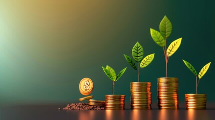Growing plants on coin stacks symbolize financial growth, investment success, and sustainable economic development.