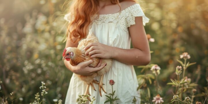 A young child holds a chicken in an open field