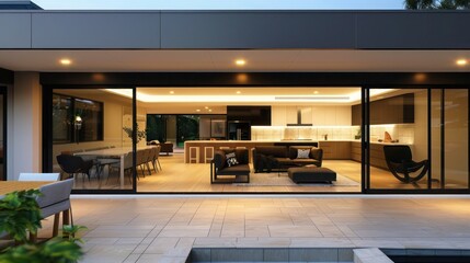 Naklejka premium seamless blend of indoor and outdoor living spaces in a suburban modern home with sliding glass doors