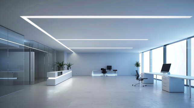 A sleek, modern office space featuring minimalistic design, glass walls, desk setups, and elegant lighting. The room exudes a sense of professionalism and productivity.