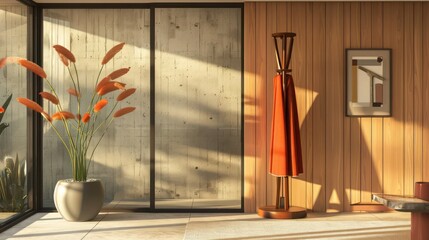Obraz premium sleek entryway in a suburban mid-century modern home with a sculptural coat rack and minimalist decor