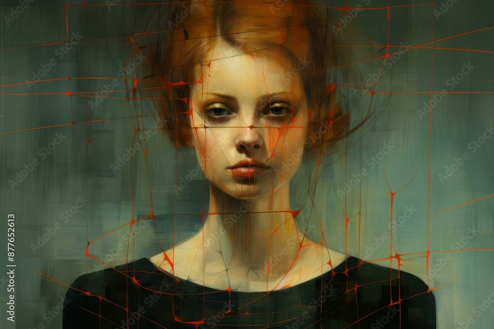 Poster artistic rendering of a woman's portrait intertwined with dynamic red lines on a textured background