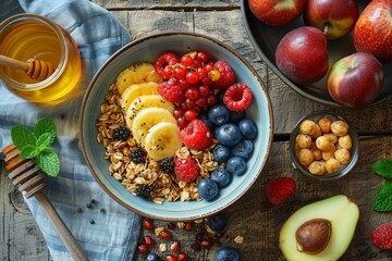 Colorful Healthy Breakfast Bowl. Top view of a healthy breakfast bowl with granola, fresh fruits, nuts, honey, and avocado on a rustic table.