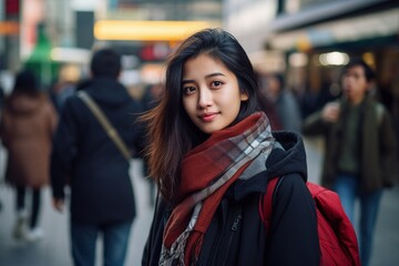 A woman wearing a red scarf and a black coat stands in a busy city street