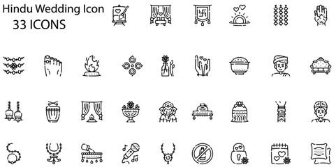 Set of hindu wedding icons. Line art style icons bundle. vector illustration