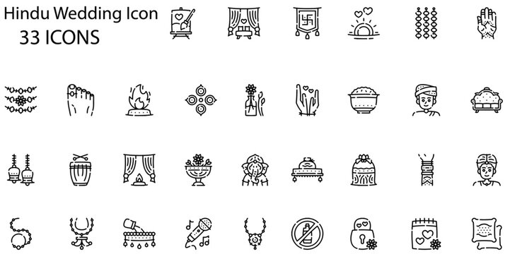 Set of hindu wedding icons. Line art style icons bundle. vector illustration