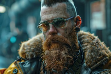 Naklejka premium Cyberpunk man with a long beard and sunglasses is wearing a fur collar