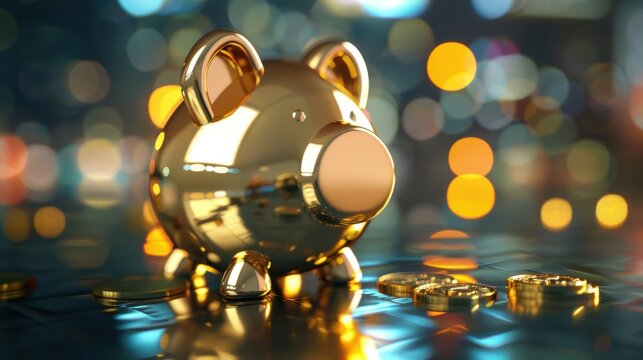 Shiny golden piggy bank surrounded by coins on a reflective surface with bokeh lights in the background, representing finance and savings.