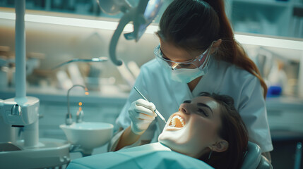 A dental hygienist is carefully cleaning a patient's teeth in a modern dental office The hygienist is wearing protective gear and the patient appears relaxed The environment is bright and clean