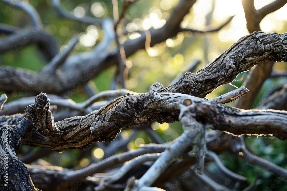 Poster warm sunlight streams through an intricate network of twisted tree branches at dusk