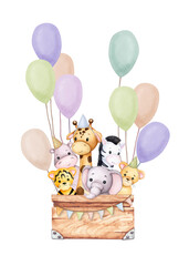 Cute animals in a box. Kids toys. Set of watercolor illustrations on the theme of safari, Africa, tropics, zoo. Elephant, zebra, lion, tiger, giraffe, hippo. Baby shower, birthday, children's party.
