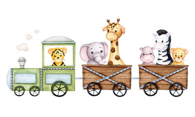 Cute animals on the train. Set of children's watercolor illustrations on the theme of safari, Africa, zoo. Elephant, zebra, lion, tiger, giraffe, hippo. Baby shower, birthday, children's party.
