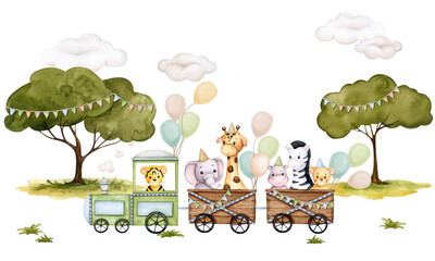 Cute animals on the train. Set of children's watercolor illustrations on the theme of safari, Africa, zoo. Elephant, zebra, lion, tiger, giraffe, hippo. Baby shower, birthday, children's party..