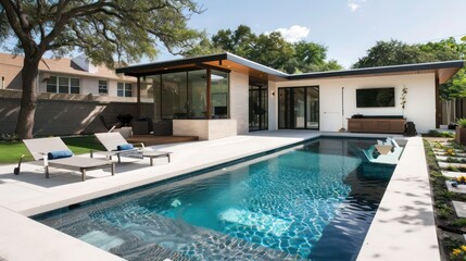Fototapeta premium suburban mid-century modern home with a backyard that features a modern geometric pool and a poolside cabana with a mid-century flair