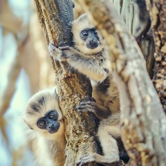 Naklejka premium cut fluffy monkeys on trees, close up, monkeys hanging on the tree