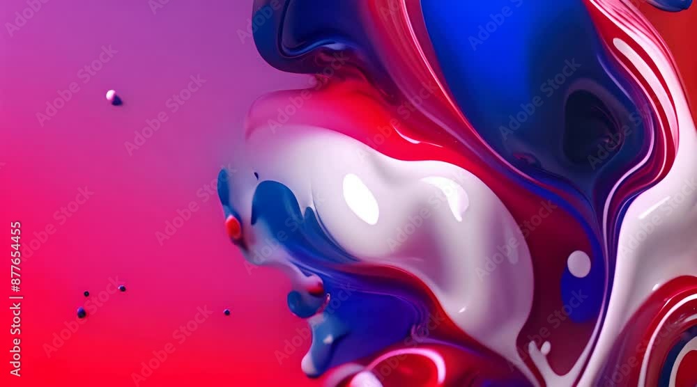 Poster mix of red white blue color paints with blended drops on fluid while forming abstract patterns again