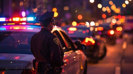 A police officer stands vigilantly by their car on a busy, well-lit street at night, with the city lights and multiple vehicles visible in the background.