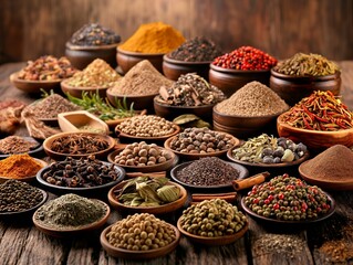 set of aromatic spices on wooden background
