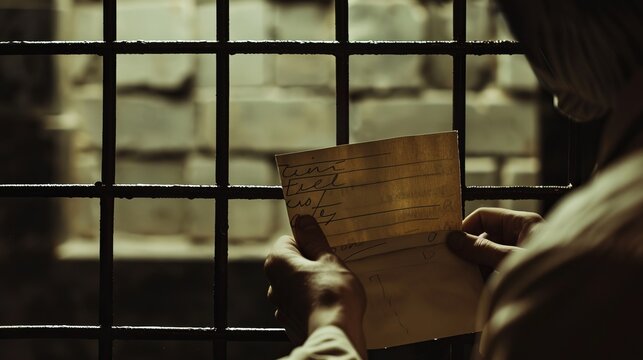 A person stands behind prison cell bars, holding a letter with handwritten text, illuminated by the dim light coming through the small window, symbolizing isolation and hope.
