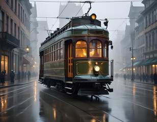 Obraz premium Vintage tram or tramways on a rainy street in a European city with buildings in the background Public transport