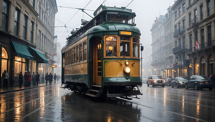 Fototapeta premium Vintage tram or tramways on a rainy street in a European city with buildings in the background Public transport
