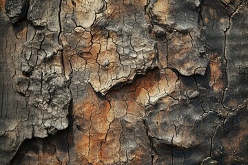 Fototapeta premium Detailed close-up of charred tree bark texture with a rough, natural, and organic pattern in black and brown tones. Ideal as a wallpaper or background for nature-themed designs