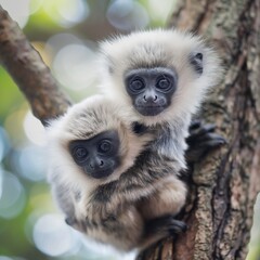 Naklejka premium cut fluffy monkeys on trees, close up, monkeys hanging on the tree