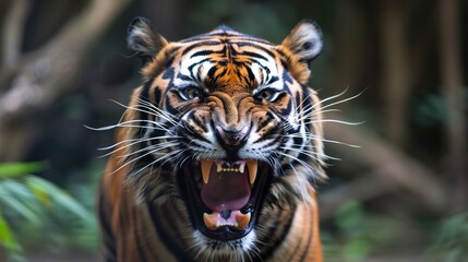 Fototapeta premium A close-up photograph of a tiger roaring, emphasizing its menacing expression and vibrant fur patterns, set against a blurred, natural jungle background.