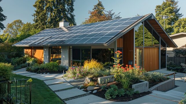 suburban mid-century modern home with a distinctive, angled roof that provides optimal solar panel placement, combining style with sustainability
