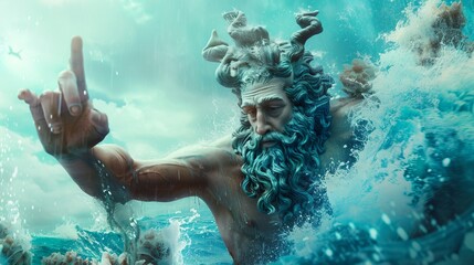 A powerful sea god rises from turbulent ocean waves, extending his arm, symbolizing strength, dominance, and natural forces, rendered in a dynamic and dramatic style.