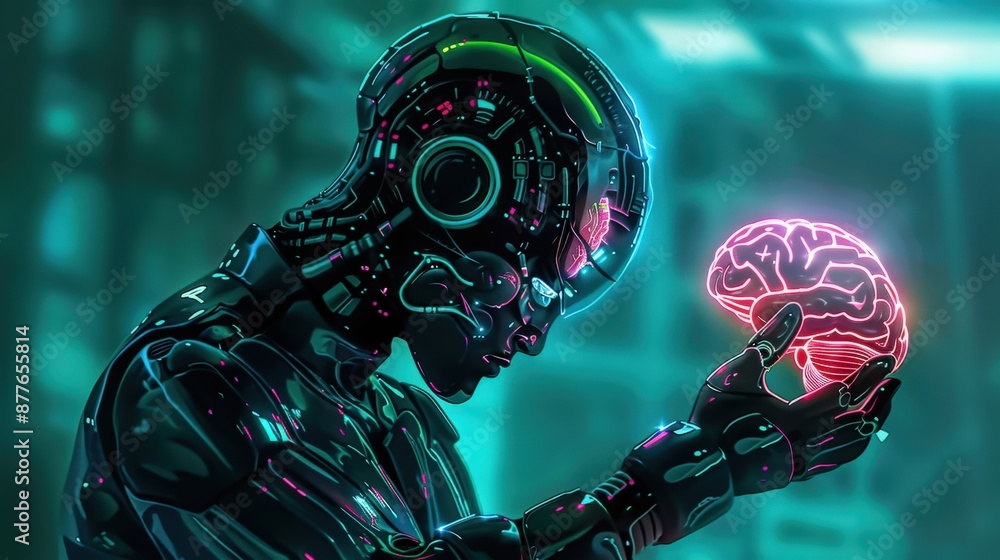 Aufkleber a robot is holding a brain in its hand. the robot is wearing a black suit and has a glowing brain. c