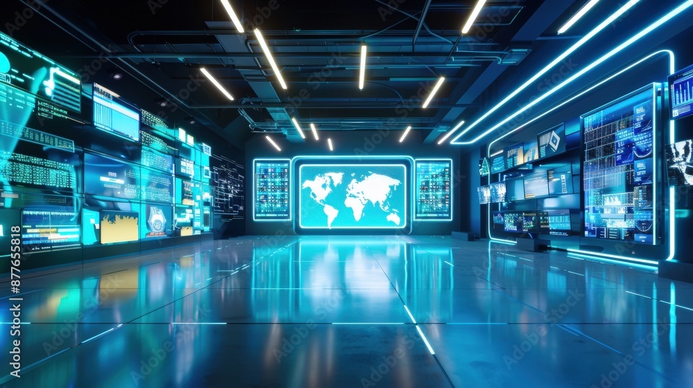 Poster a large room with a large screen showing a map of the world