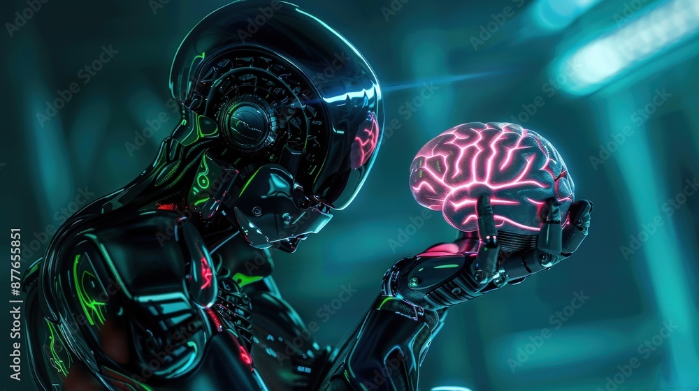 Poster a robot is holding a brain in its hand. the robot is wearing a black suit and has a glowing brain. c