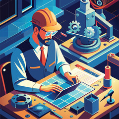 a-flat-illustration-of-an-engineer-designing-a-mechiene 