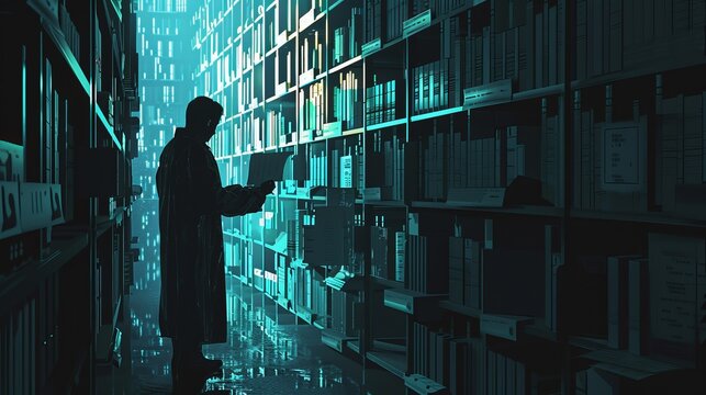 The image depicts a man browsing through numerous documents in a vast historical archive, with shelves filled with files and papers creating an atmosphere of research and discovery.