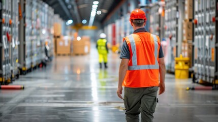 A man wearing hardhat stands in front of a row of containers. The scene is industrial and the man is a worker