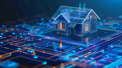 A digital illustration presenting a smart home with various interconnected systems, symbolizing modern technology, home automation, and the future of living environments.