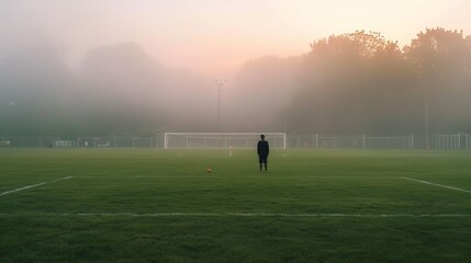 A person stands alone on a foggy soccer field at sunrise, appearing tranquil, with a goalpost in the distance and the serene ambiance of early morning mist.