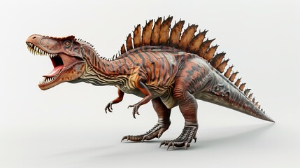 Fototapeta premium This captivating image showcases a prehistoric dinosaur roaring fiercely, with pronounced spikes on its dorsal side, displaying an aggressive stance and intricate details.
