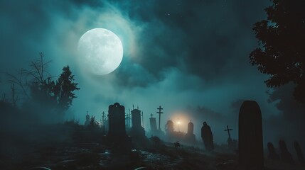 A haunting image of a mist-covered graveyard illuminated by a full moon, with eerie silhouettes amidst the tombstones, creating a chilling and ghostly atmosphere.