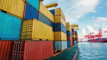 Fototapeta premium A containers at cargo. Concept of busyness and activity, as the ships are being loaded and unloaded with cargo