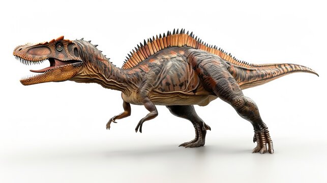 A detailed rendering of a ferocious dinosaur with pronounced spikes along its back, captured in a dynamic, intimidating pose showcasing its sharp teeth and powerful limbs.