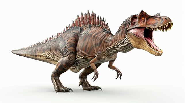 High-resolution rendering of a massive dinosaur with jagged spikes along its back set against a white background, emphasizing its enormity and intricate texture.