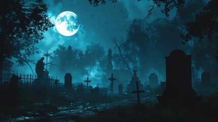 Fototapeta premium A haunted graveyard with tombstones and a wrought iron fence under a full moon, creating an eerie and unsettling atmosphere with silhouettes and fog.