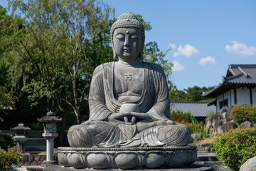 Obraz premium Serene ancient stone buddha statue meditating peacefully in a japanese garden