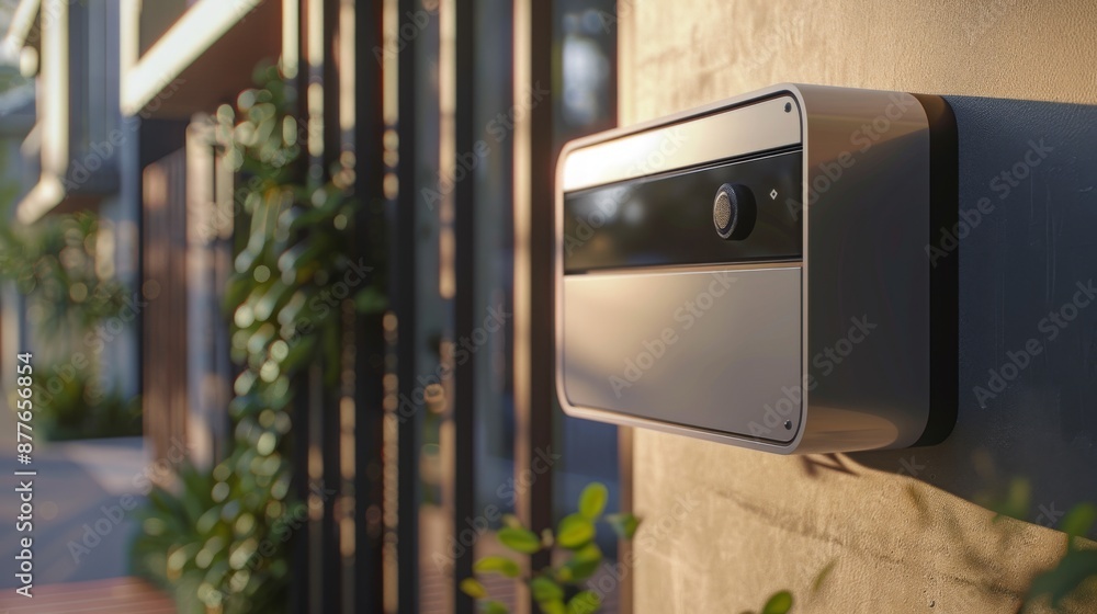 Aufkleber a modern doorbell with a camera and button is mounted on a brick wall outside a home.
