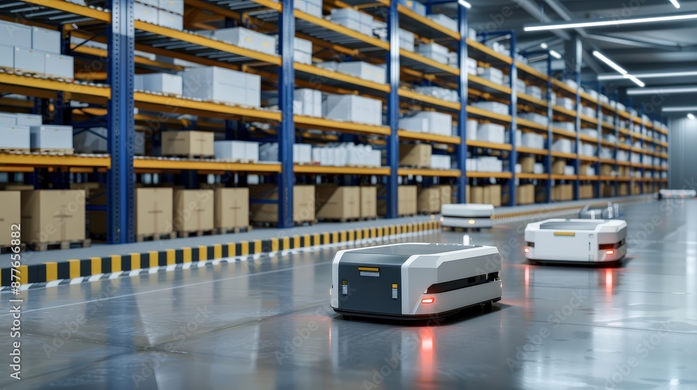 Poster a robot is moving a box in a warehouse. the robot is white and has a box on it