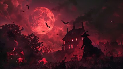 A dark and eerie witch silhouette stands against a haunted house with a dramatic red full moon in the background, surrounded by flying bats and a spooky atmosphere.
