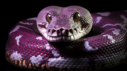 Obraz premium A purple and white snake with yellow eyes stares intensely at the camera, a captivating and mysterious creature. 