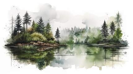 Fototapeta premium Double Exposure, White Background landscape scenes with water reflection illustration ~ Created using generative AI